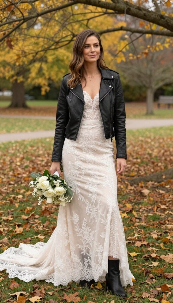 Woman in lace wedding gown and leather jacket at fall outdoor venue