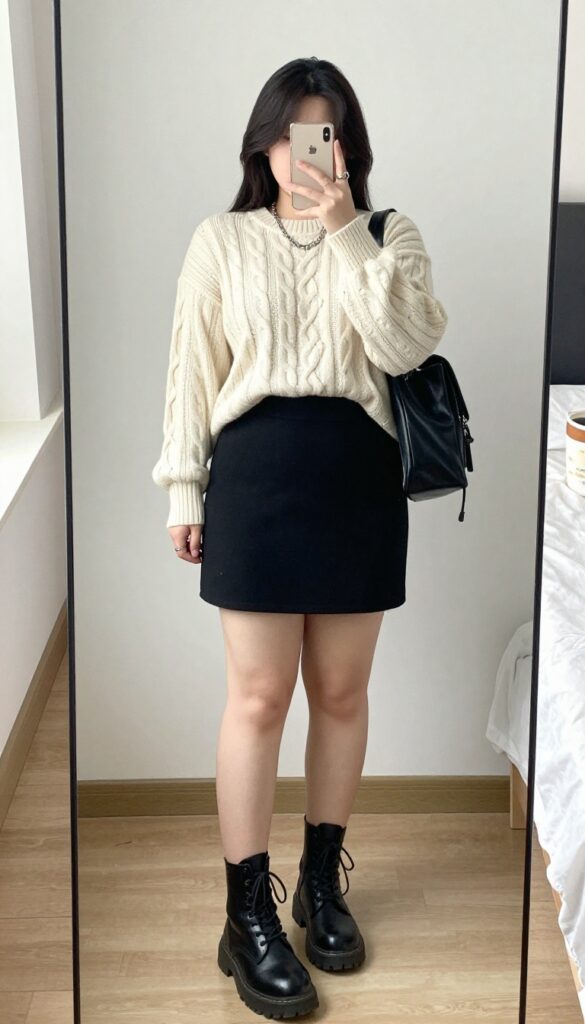 A woman in a cream cable-knit sweater tucked into a black A-line skirt, wearing lace-up combat boots and carrying a black leather backpack, standing in a bright office or café.