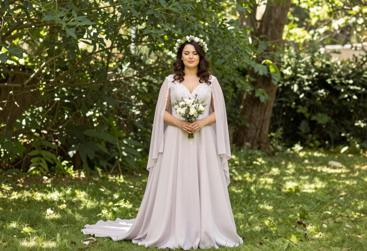 Bride in purple wedding dress with sheer cape in garden