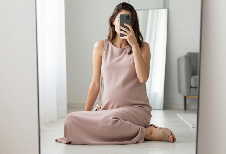 A pregnant woman in a flowy maxi dress takes a mirror selfie, showcasing a comfortable yet stylish baby shower outfit with soft sandals and minimal accessories.