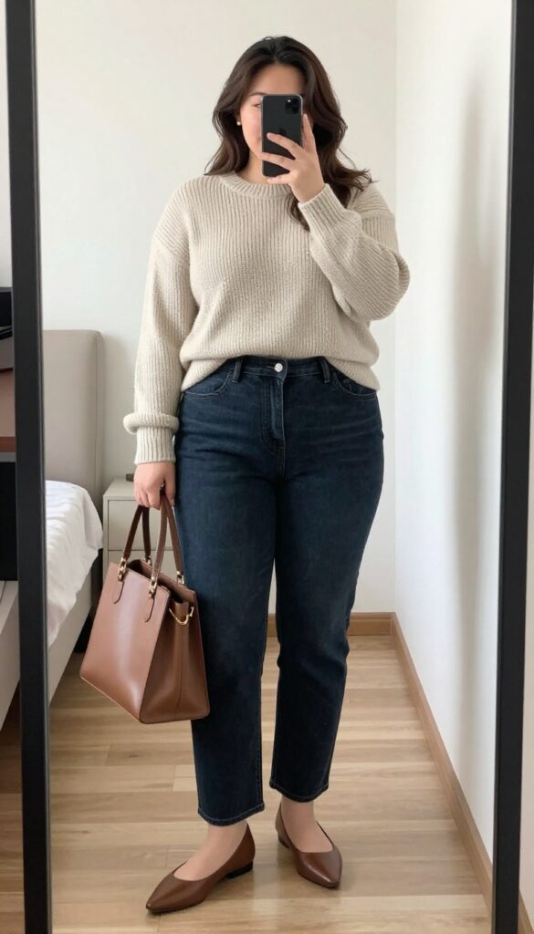 Chunky sweater tucked into dark straight-leg jeans with pointed flats and structured tote bag