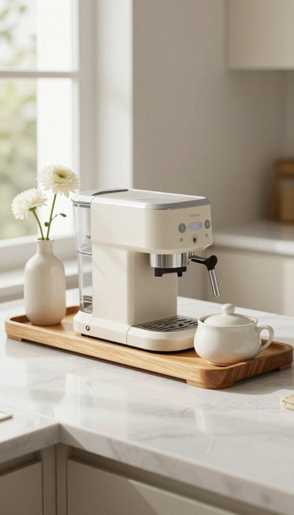Minimalist tray on kitchen counter with coffee machine, sugar bowl, and flower vase in natural light.