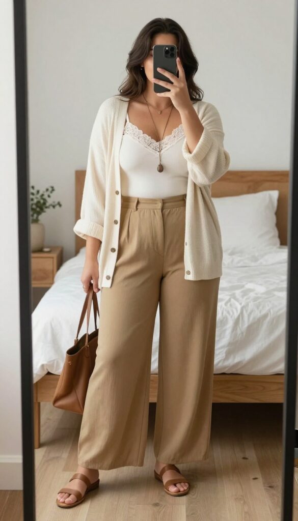 A woman in a lace-trim cami, cardigan, and palazzo pants standing in a coffee shop, looking polished and relaxed.
