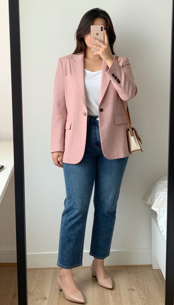Woman in blush blazer, white tee, and dark denim, holding a small tan crossbody bag, standing in a bright office setting.