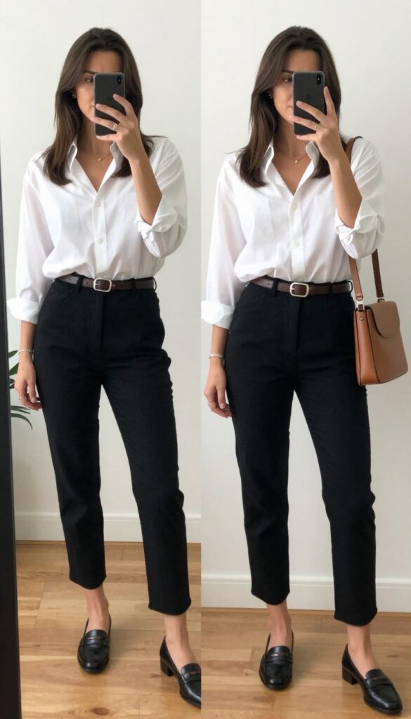 A woman takes a mirror selfie wearing an oversized white button-down shirt tucked loosely into black tapered trousers, with black loafers and a tan crossbody bag, in a bright, minimal room.