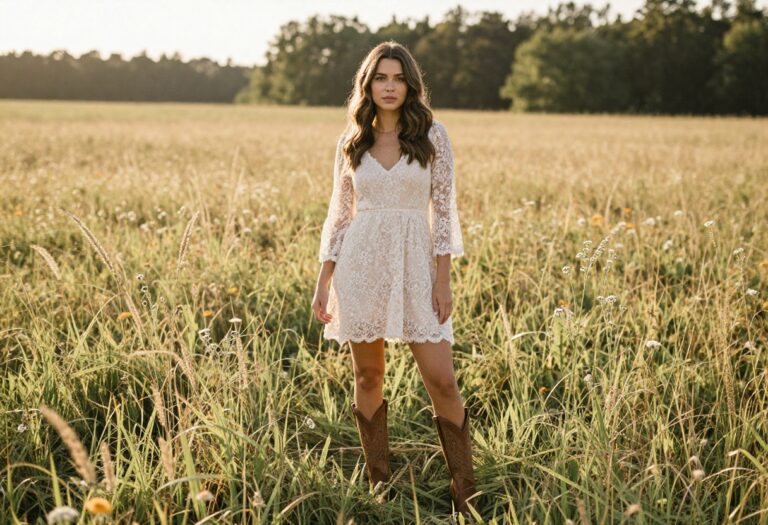 Woman in blush lace dress and cowboy boots at a country wedding