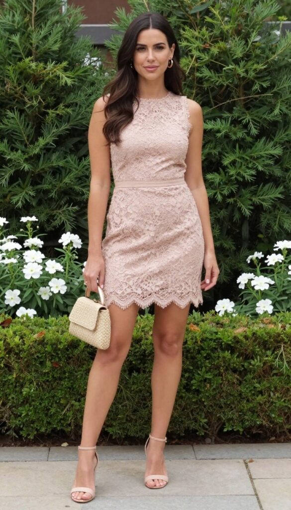 Woman in blush lace mini dress and nude block heels at garden wedding