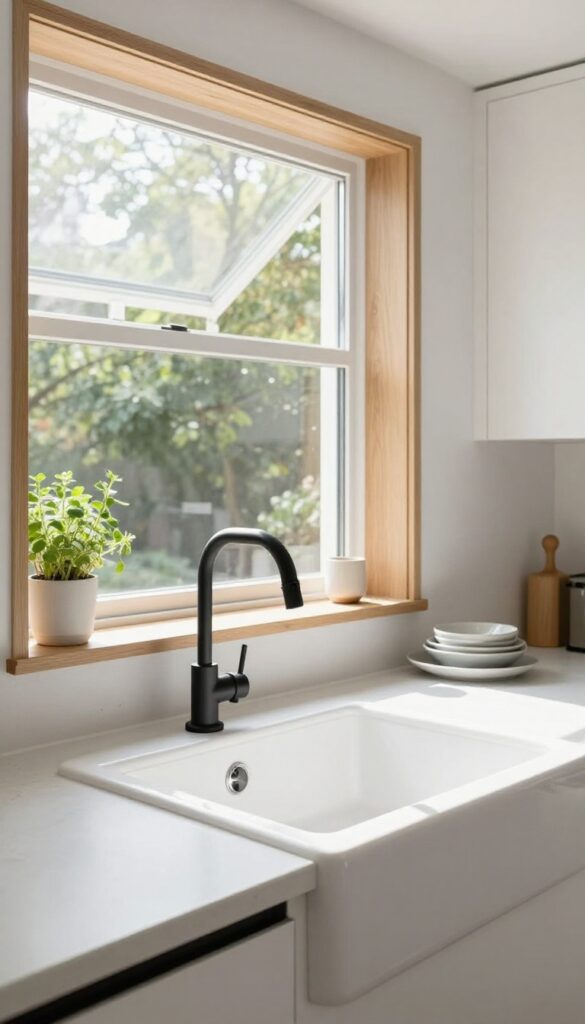 Bright kitchen with skylight above sink, natural light, white countertops, matte black faucet, potted herb