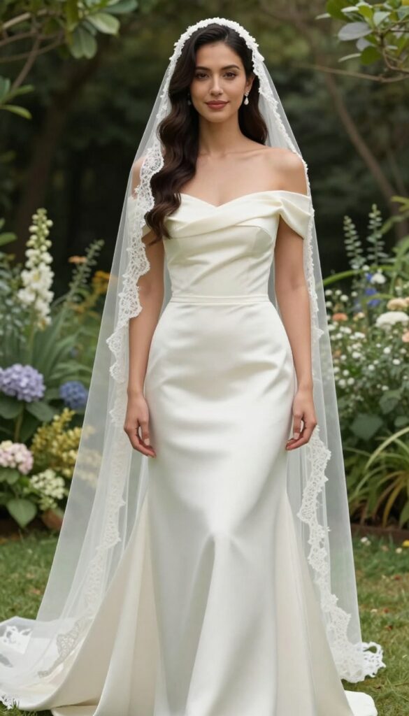 Bride in off-shoulder high neck wedding dress with mantilla veil in garden