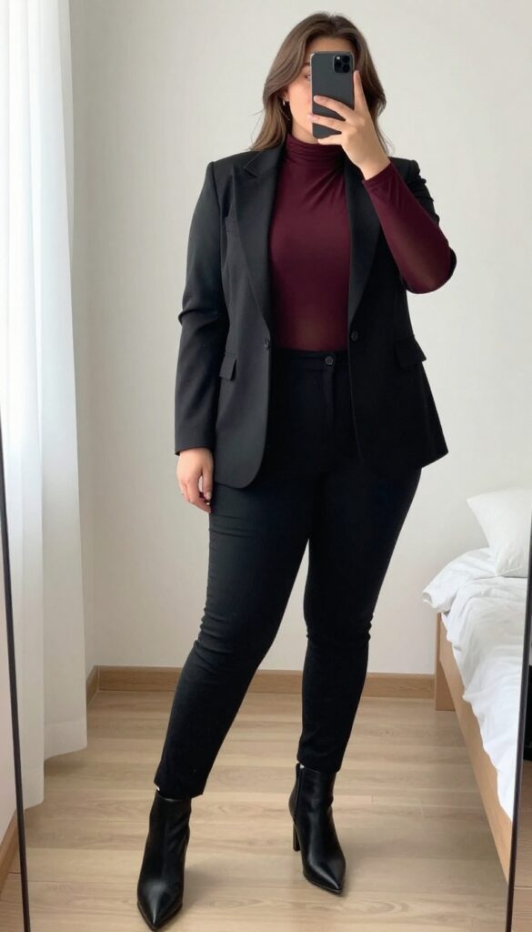 Woman in black mesh top, blazer, cigarette pants, and ankle boots