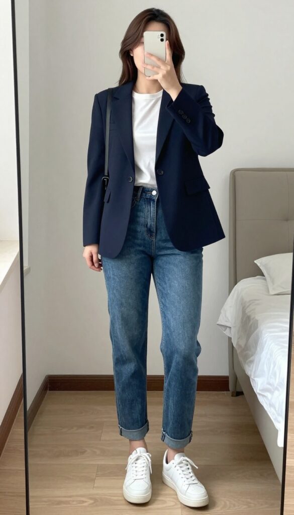 Woman in tailored blazer, white tee, straight-leg jeans, and white sneakers, taking a mirror selfie in bedroom, phone partially covering face.