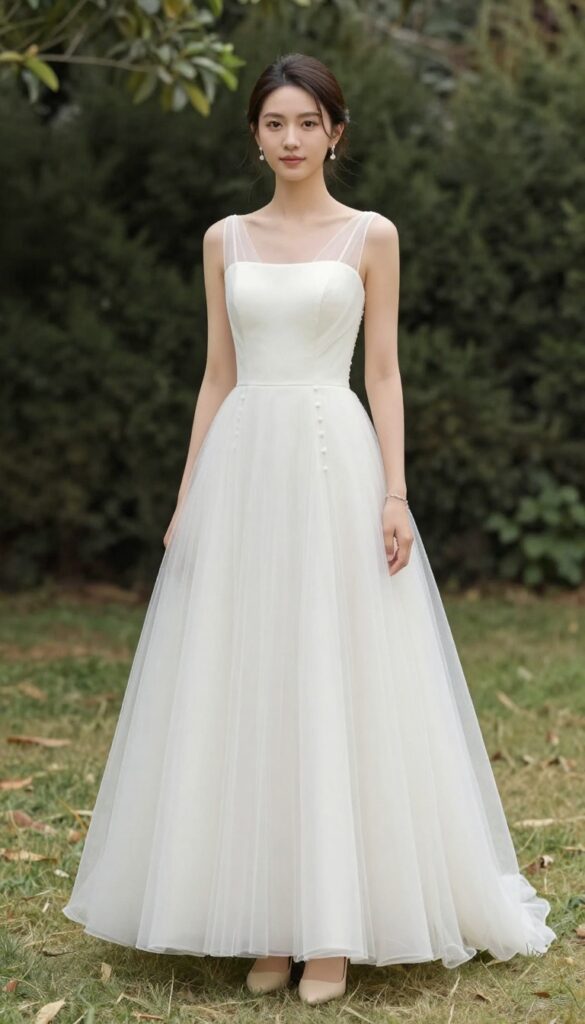Woman in tulle wedding dress with sheer back and long train in garden