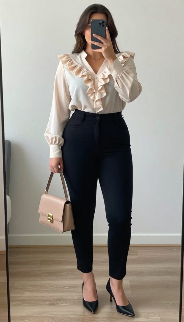 A woman in a tucked ruffle blouse and cigarette pants, with kitten heels and a mini crossbody bag, posing in a mirror selfie.