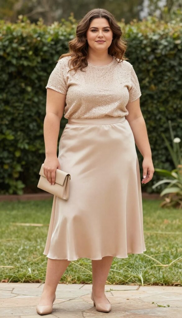 Plus-size woman in champagne satin midi skirt and embellished top with nude flats and beige clutch in sunlit garden