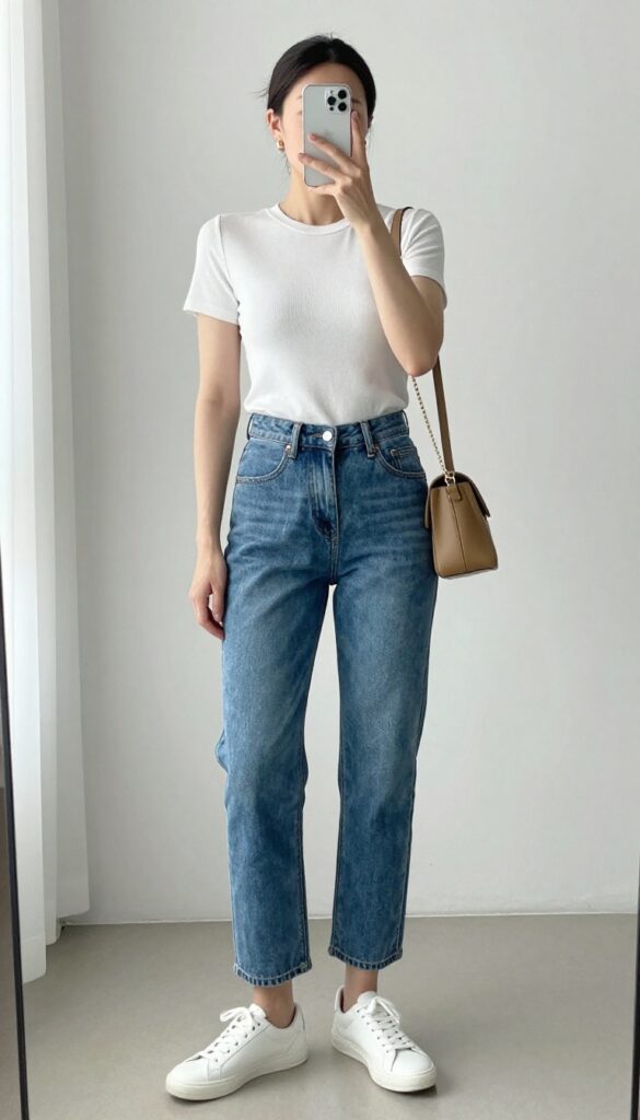 A modern mom in fitted white tee and relaxed straight jeans, taking a mirror selfie in bright natural light, showcasing a clean and intentional casual outfit.