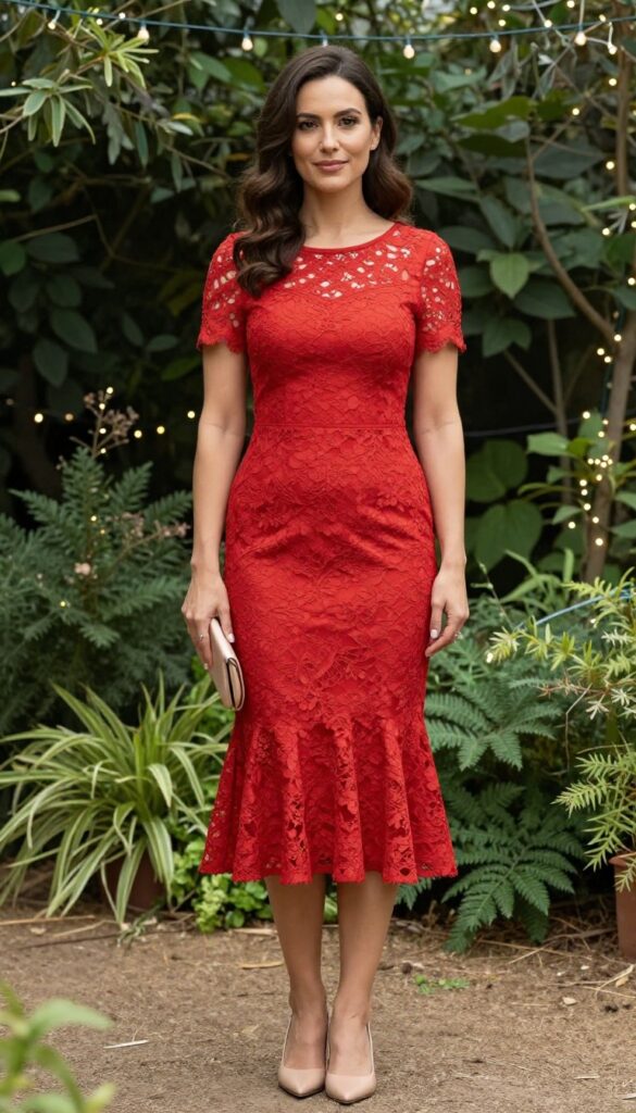 Woman in red lace fit-and-flare dress at garden wedding