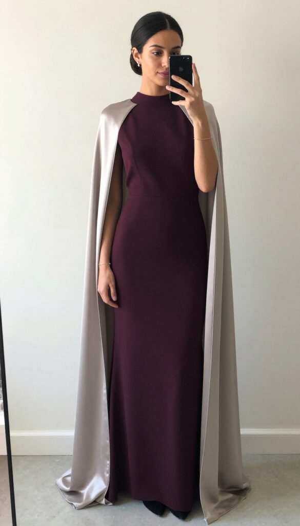 Woman in dark plum high-neck long-sleeve wedding dress with flowing floor-length silver cape, elegant ballroom setting with chandeliers and candlelight.