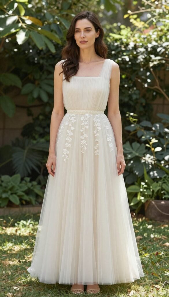 Square neckline boho tulle wedding dress with floral embroidered cathedral veil in garden