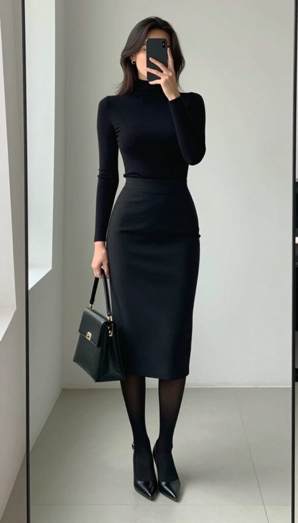 Woman in black turtleneck and pencil skirt taking a mirror selfie, showcasing a sleek all-black business casual outfit.