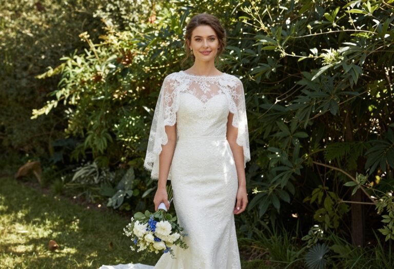 Bride in white lace wedding dress with airy seafoam cape in garden