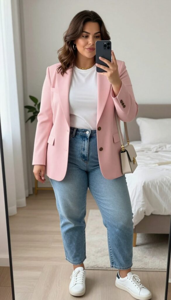 Plus-size woman in soft pink blazer, white tee, and mom jeans taking a mirror selfie, showcasing a chic brunch outfit.