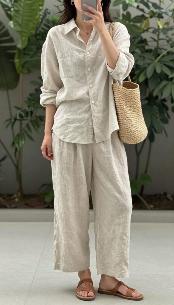 Model wearing wide-leg linen pants and a relaxed button-down shirt, slightly tucked, with flat sandals and a straw tote bag, taking a mirror selfie in bright natural light.