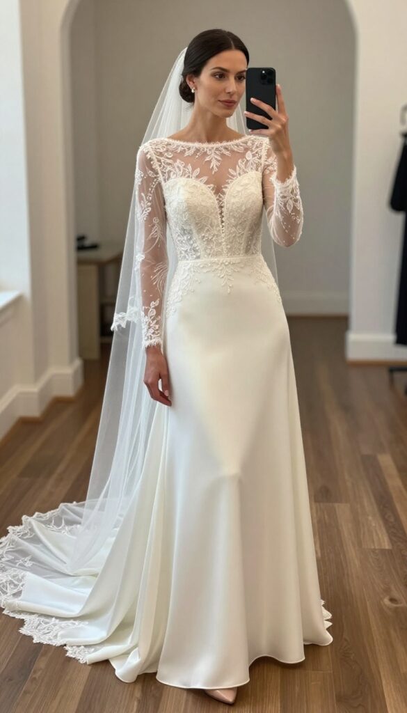Bride in ivory lace illusion sleeve wedding dress with cathedral veil, standing in sunlit church aisle.