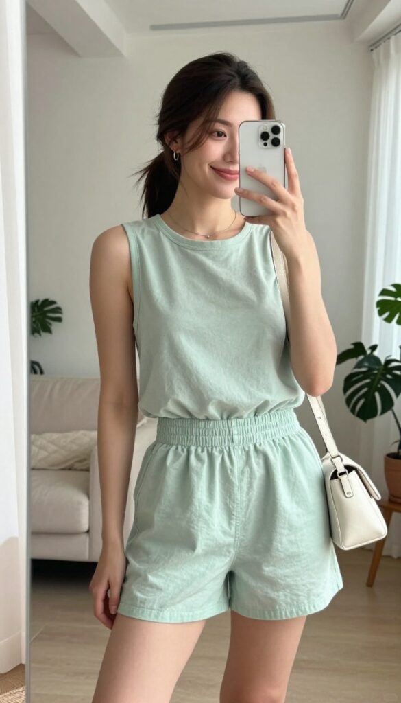 Woman in a sage green cotton romper and white sneakers taking a mirror selfie, holding a phone, with a crossbody bag and minimal accessories, in a bright room with natural light.