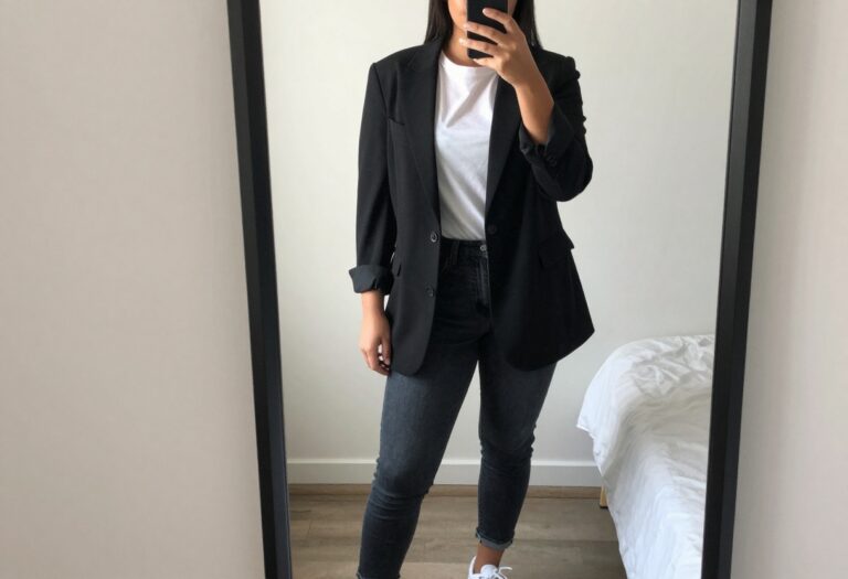 Woman in black blazer and white tee taking a mirror selfie in bedroom