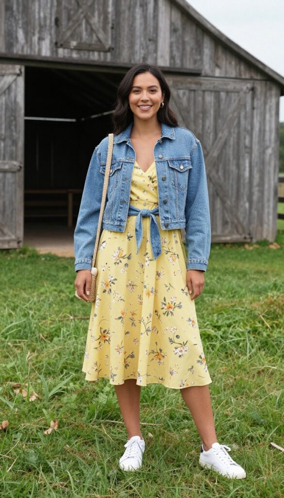 Woman wearing yellow floral midi dress with white sneakers and denim jacket tied at waist in a sunny field with barn