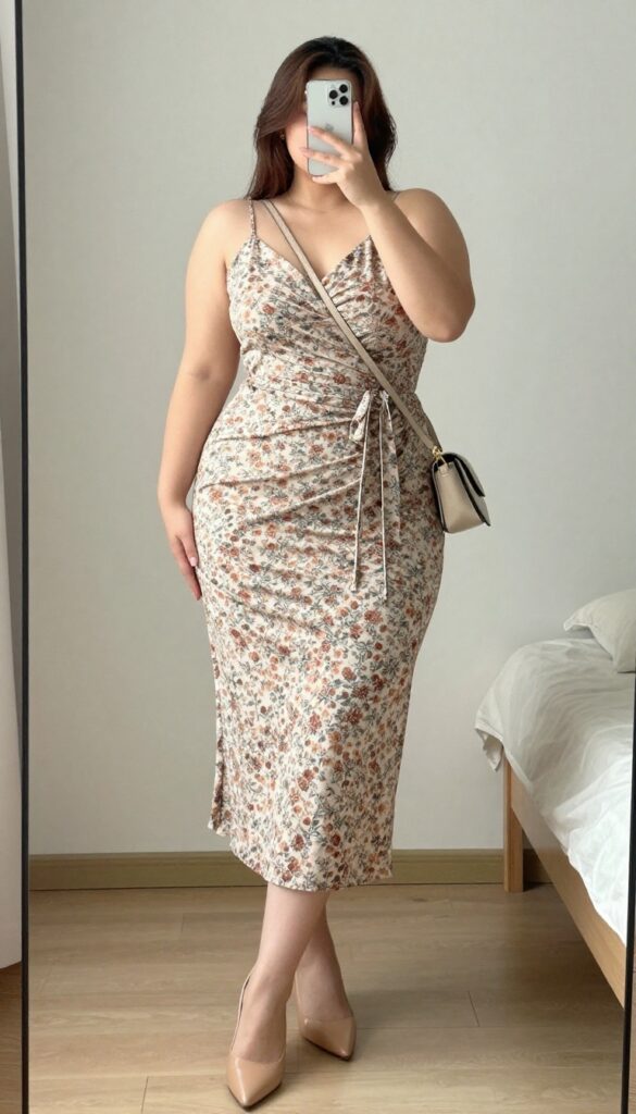 Plus-size woman in floral wrap dress with belt and low heels, holding crossbody bag, standing in office setting.