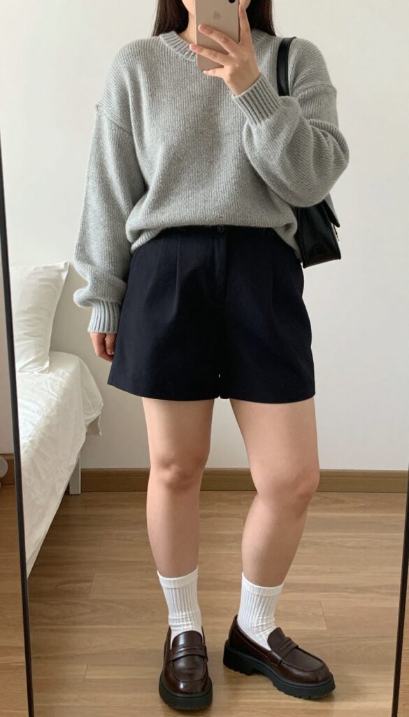 Woman wearing an oversized cream sweater with black tailored shorts, white crew socks, and platform loafers, posing in a mirror selfie.