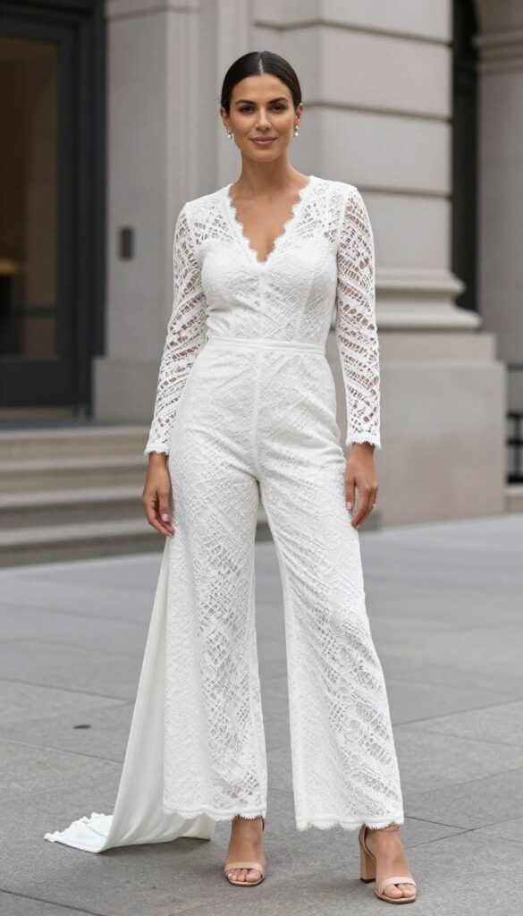 A modern bride in a white lace jumpsuit with detachable train, standing in a city hall courtyard, low bun, pearl earrings, strappy block heels.