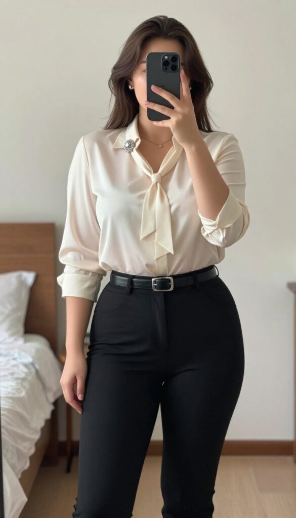 Woman in cream blouse with pussy bow, black cigarette pants, and patent oxfords, accessorized with silver brooch and belt.
