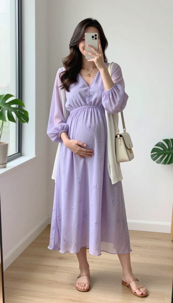 Pregnant woman in a flowy lavender maxi dress with floral print, nude flat sandals, and a delicate pendant necklace, taking a mirror selfie in a bright, minimalist room.