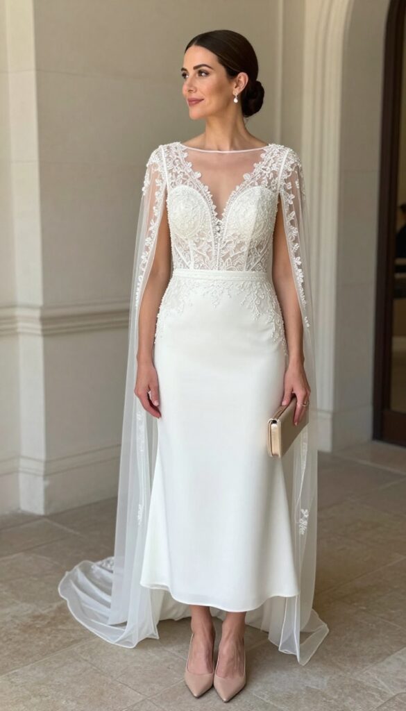 Woman in beaded bodice ball gown lace wedding dress with sparkle cape, standing in grand cathedral setting