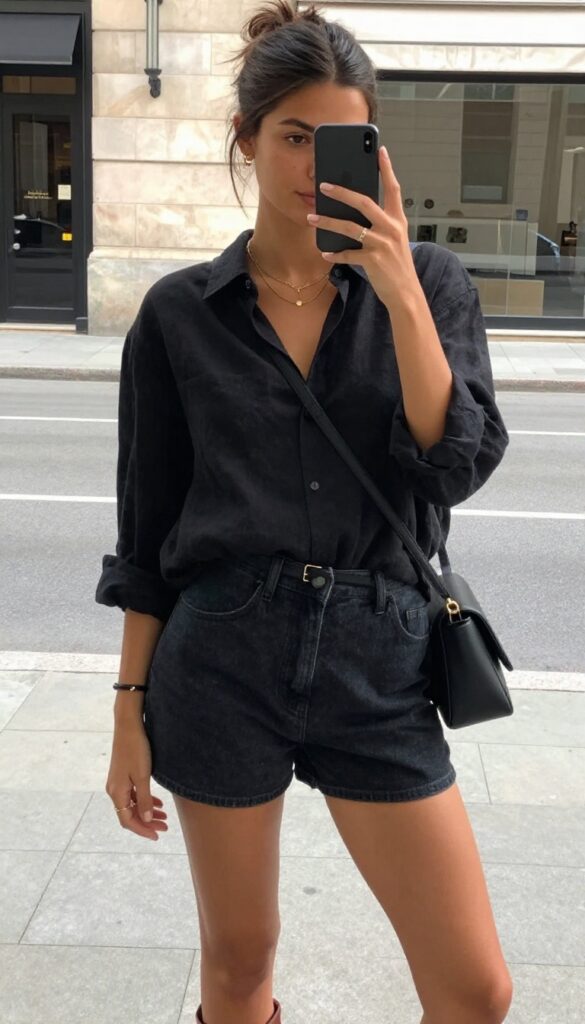Woman in black button-up shirt and dark denim shorts taking a mirror selfie, with phone partially covering her face, wearing leather slides and crossbody bag.