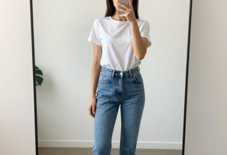 A woman in a white tee and mom jeans takes a mirror selfie, showcasing a balanced, casual outfit with intentional styling.
