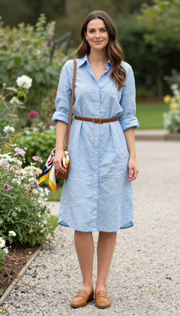 Woman in light blue linen shirt dress with belt and loafers at garden wedding