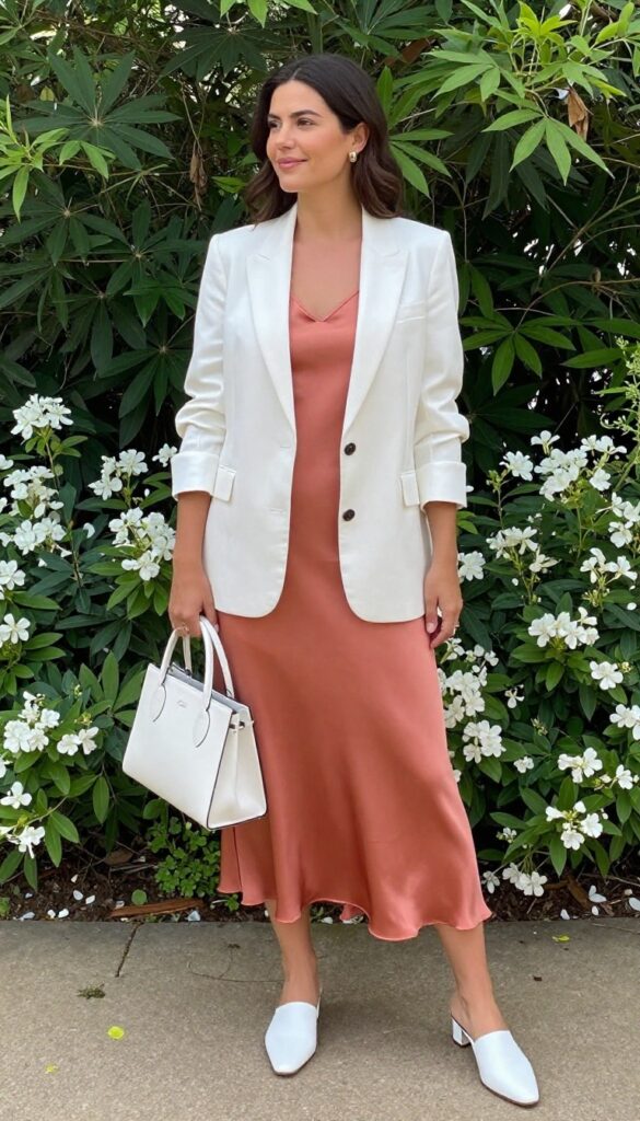 Woman in soft coral slip dress with white blazer and white mules at garden wedding