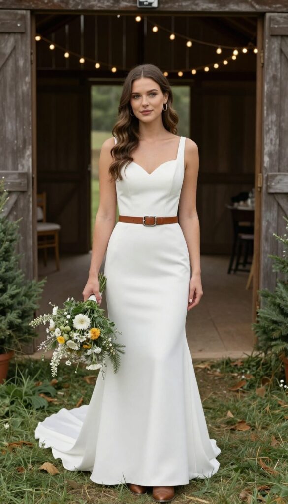 Woman in belted mermaid wedding dress with cowboy boots at rustic barn venue