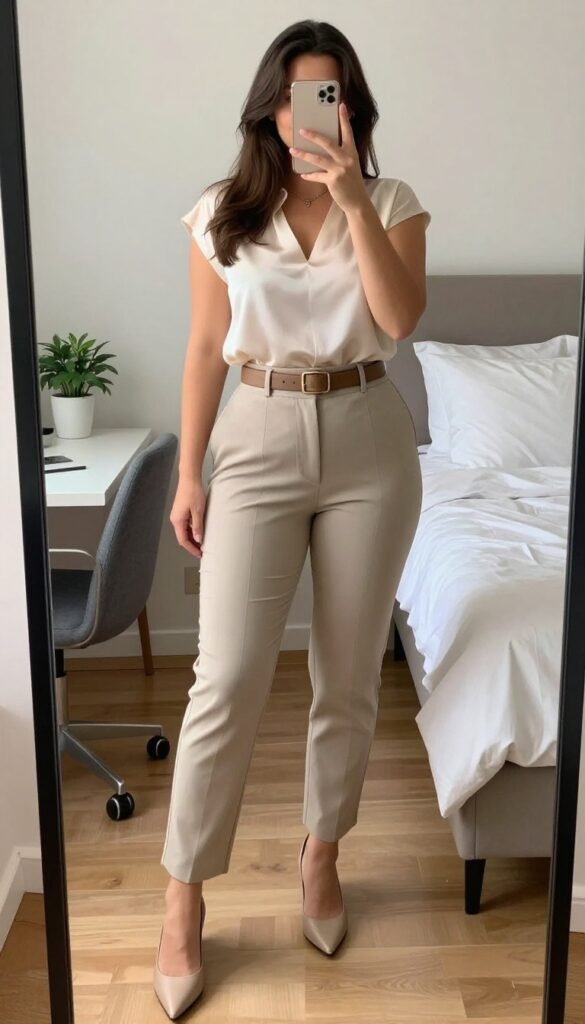 Petite woman in high-waisted trousers, tucked silk shell, and pointed flats, standing in a clean office setting with a polished, elegant vibe.