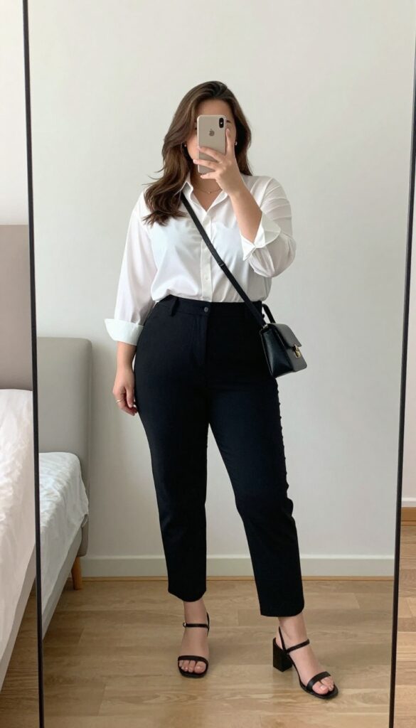 White blouse and black culottes with block heel sandals and crossbody bag