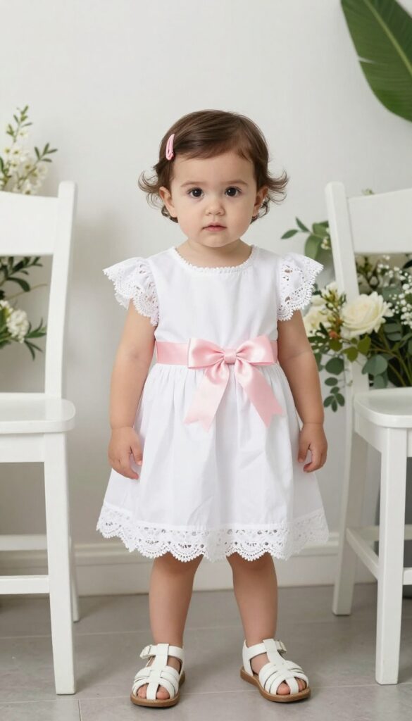 Baby girl in white lace-trimmed dress with pink bow and white sandals at garden wedding.