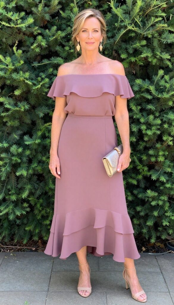 Woman in mauve off-the-shoulder ruffled gown in garden