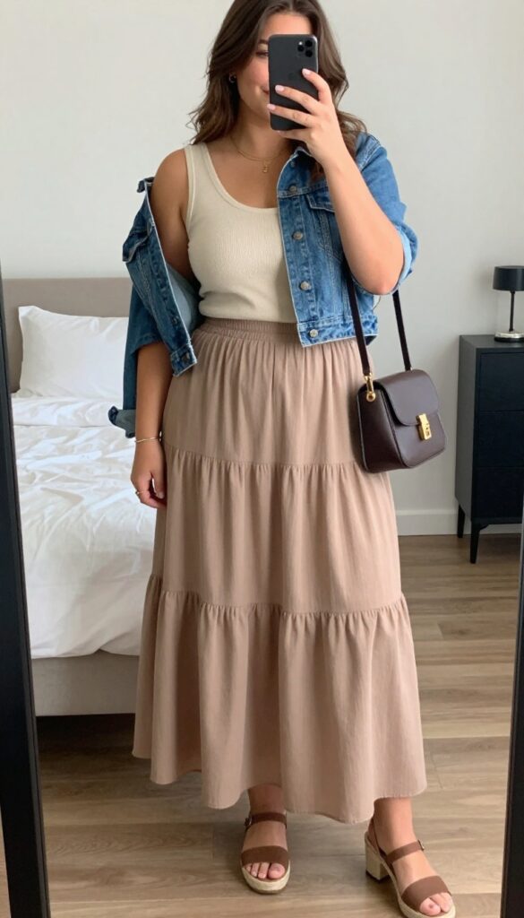 Woman wearing a tiered maxi skirt, fitted knit top, and cropped denim jacket, with espadrilles and crossbody bag, standing in a café setting.