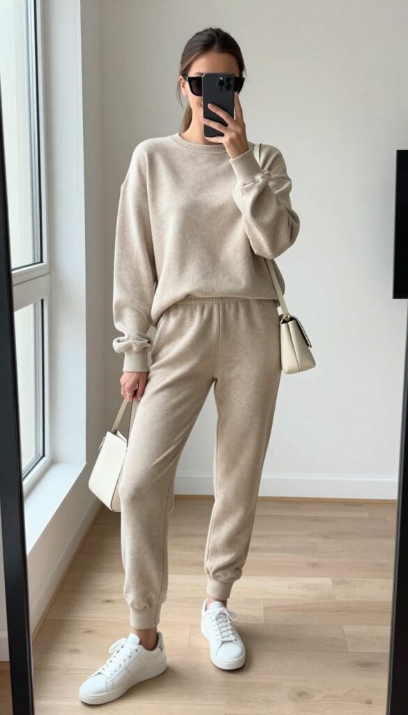 Modern mom outfit idea: matching beige knit lounge set with white sneakers, cream crossbody bag, and oversized sunglasses, captured in a bright mirror selfie.