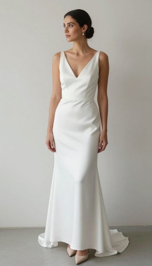 Woman in white satin low-back wedding dress with pearl drop earrings, standing in bright airy room, smiling gently.