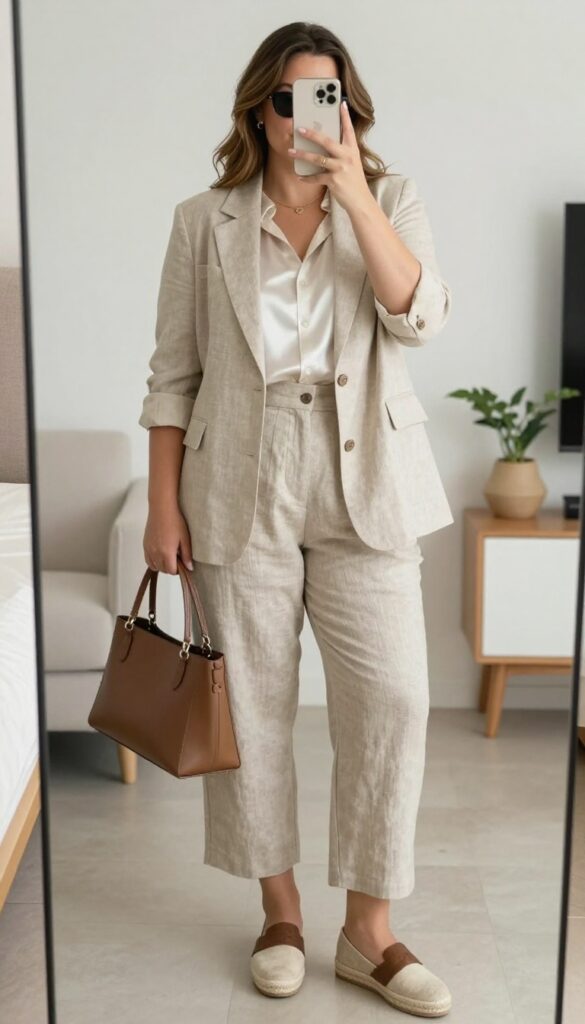 A woman in tailored shorts, silk blouse, and lightweight blazer with rolled sleeves, wearing sunglasses and loafers, standing in a sunny outdoor setting.