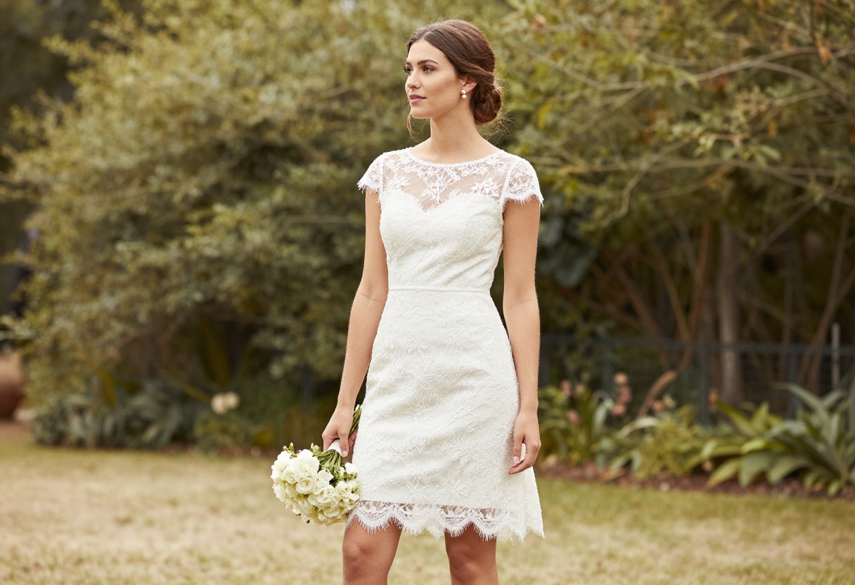 Woman in white lace mini wedding dress with cap sleeves, standing in a garden with bouquet and nude heels